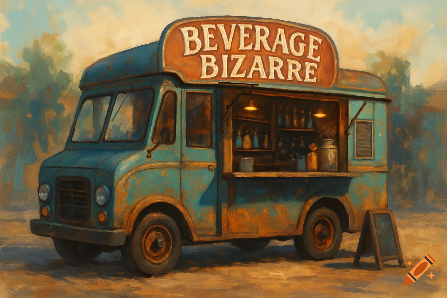 A painterly illustration of a teal and orange beverage bizarre food truck parked outdoors.