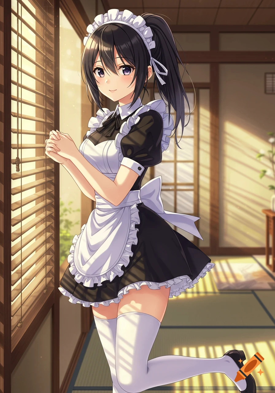 Anime girl in a maid outfit standing by a window in a Japanese room.
