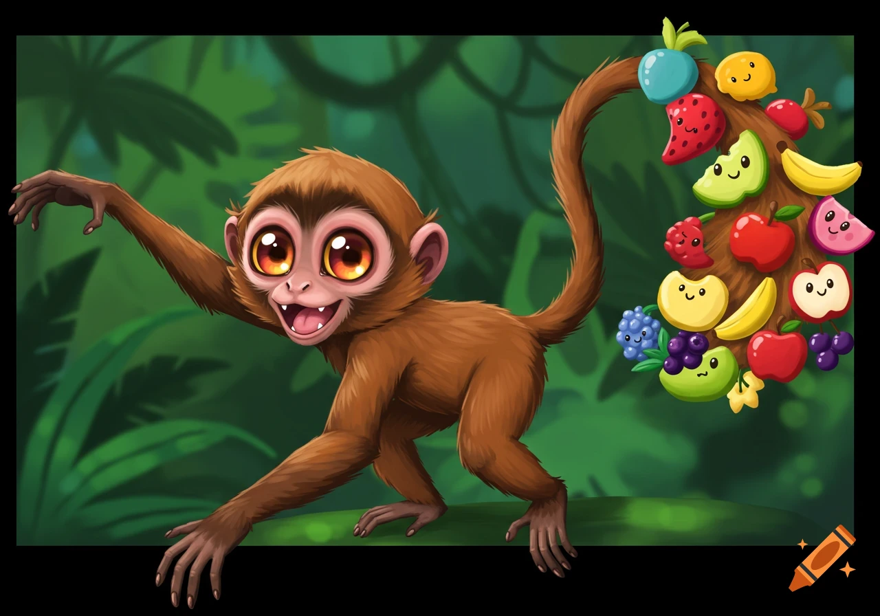 Cartoon monkey with a tail growing fruit in a jungle