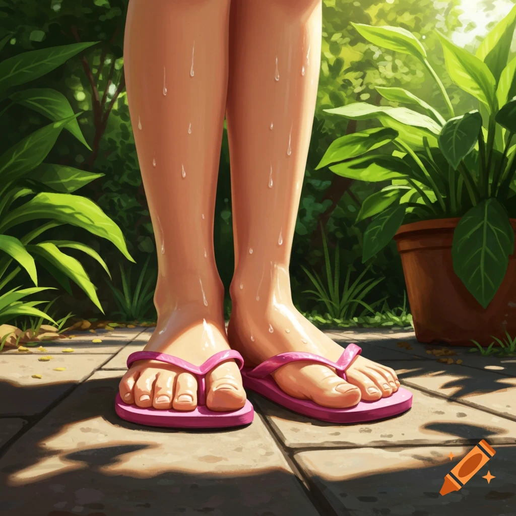 Close-up of legs and feet in pink flip-flops on a patio with water droplets and plants.
