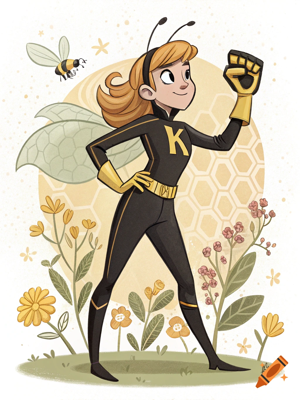 Cartoon woman in a bee superhero suit standing in a field of flowers.