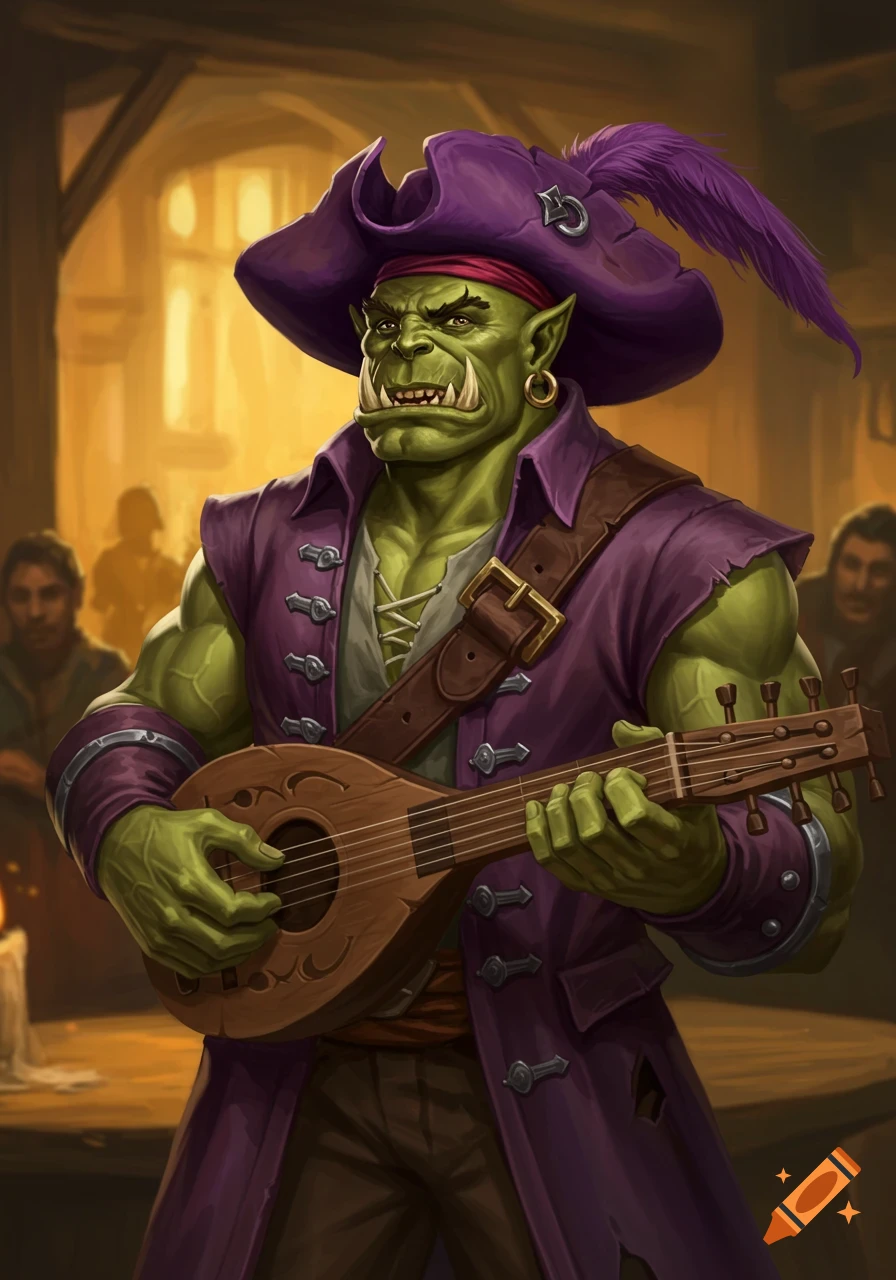 An orc pirate in purple plays a lute in a tavern, digital painting.