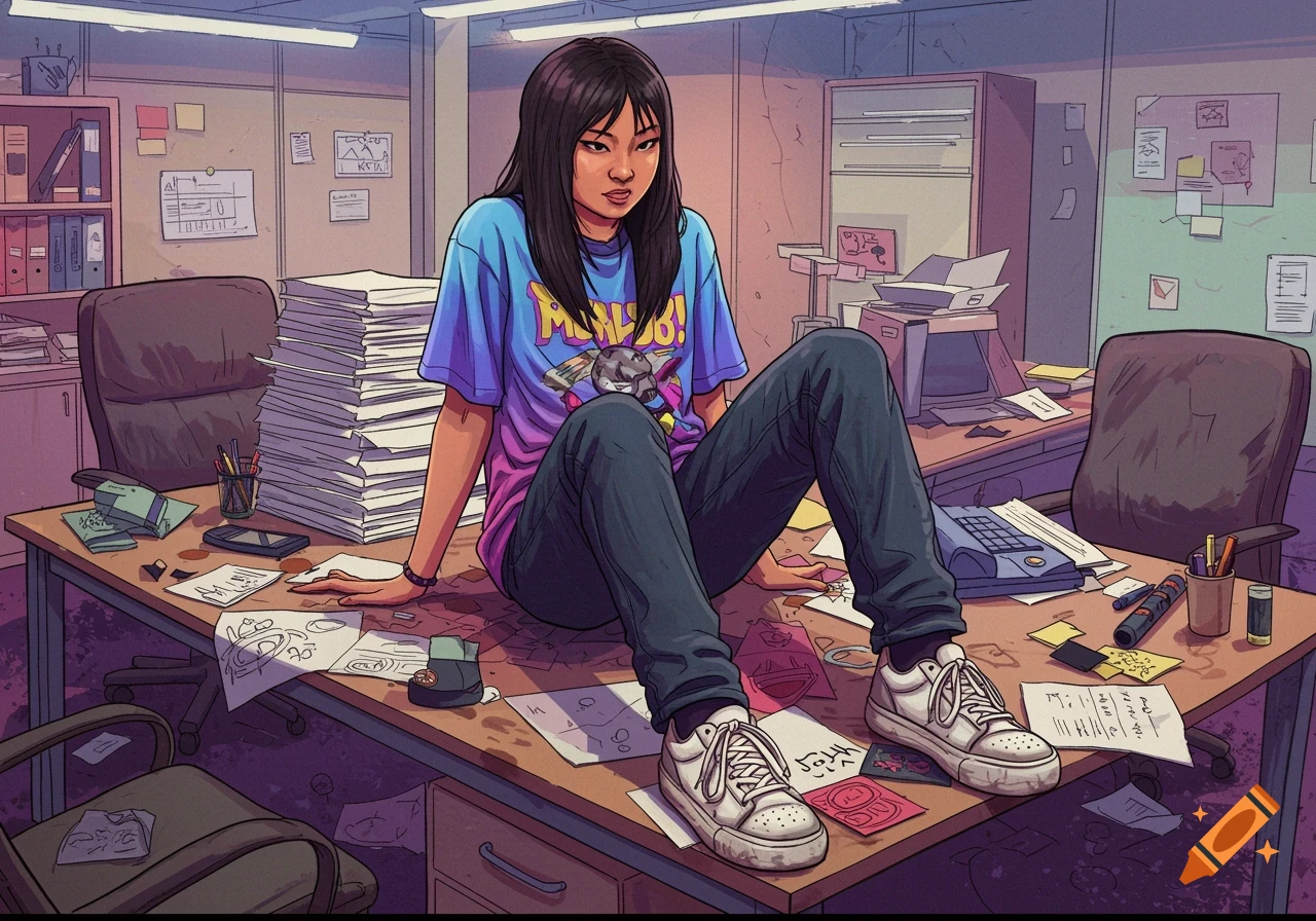 An Asian teenager girl sits on a messy office desk in an illustration style.
