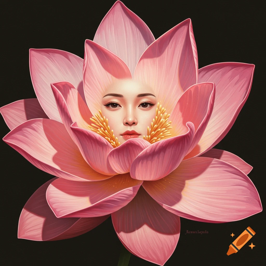 A woman's face sits inside a large pink lotus flower.