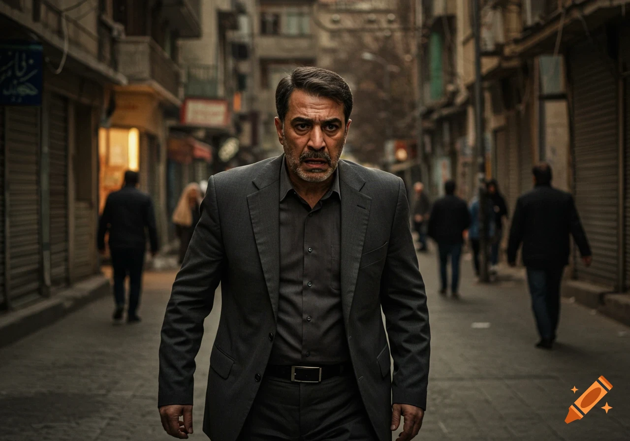 A man in a suit looks intense while walking on a busy street.