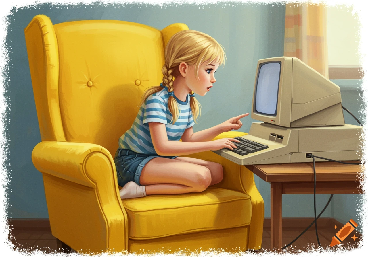Illustration of a girl sitting in a yellow chair using an old computer.