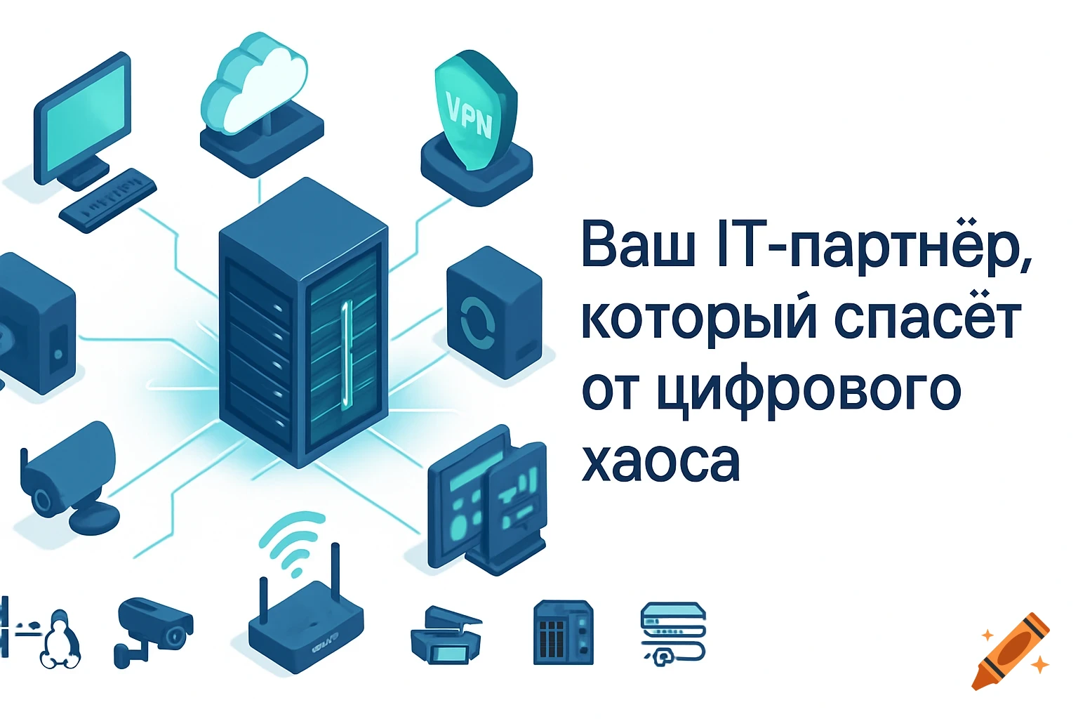 Isometric illustration of server, network icons, and Russian text on white background.