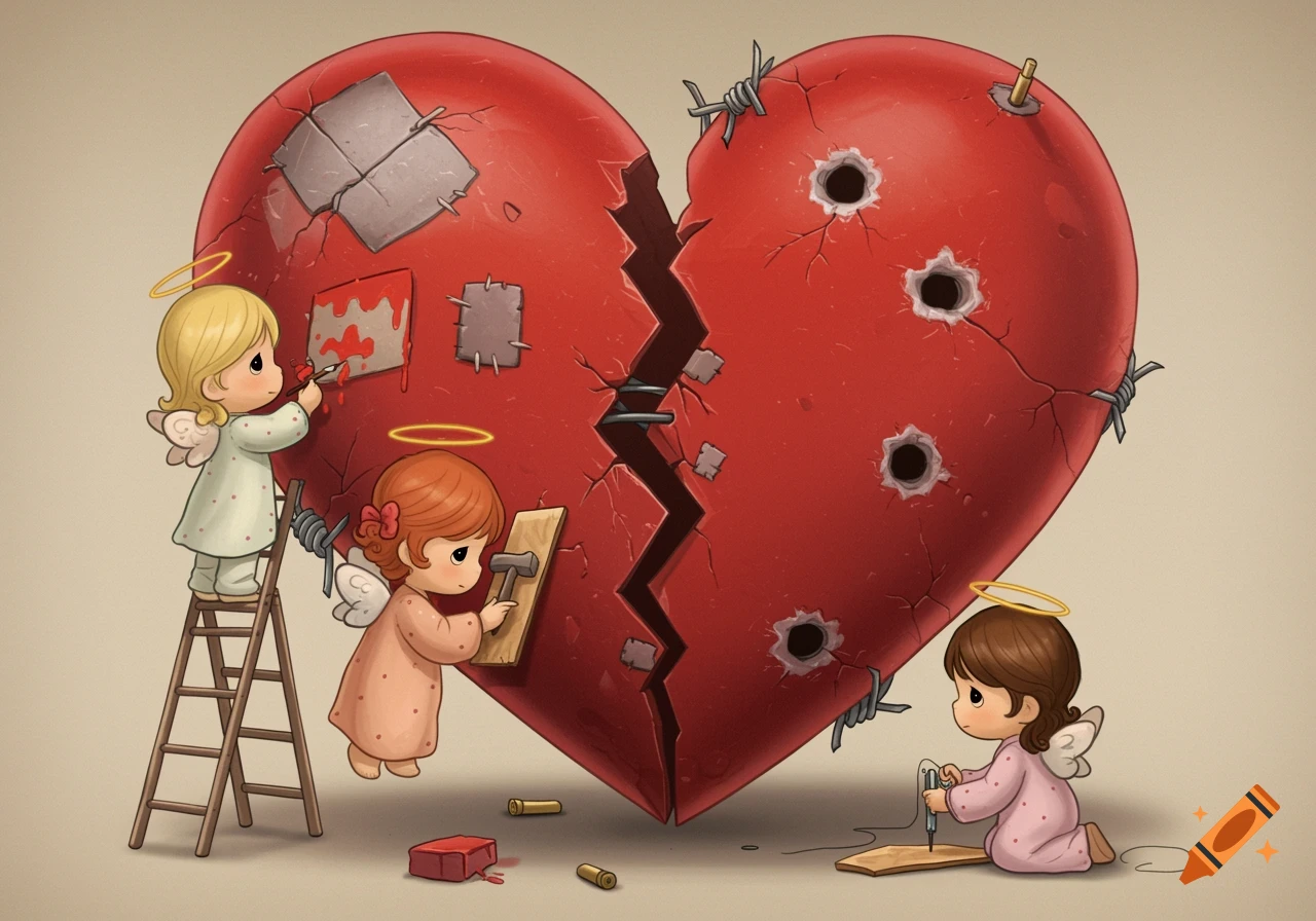 Three cartoon-style angels repair a large, broken red heart with bullet holes and barbed wire. One paints, one hammers, one sews, in a style similar to Precious Moments figurines.