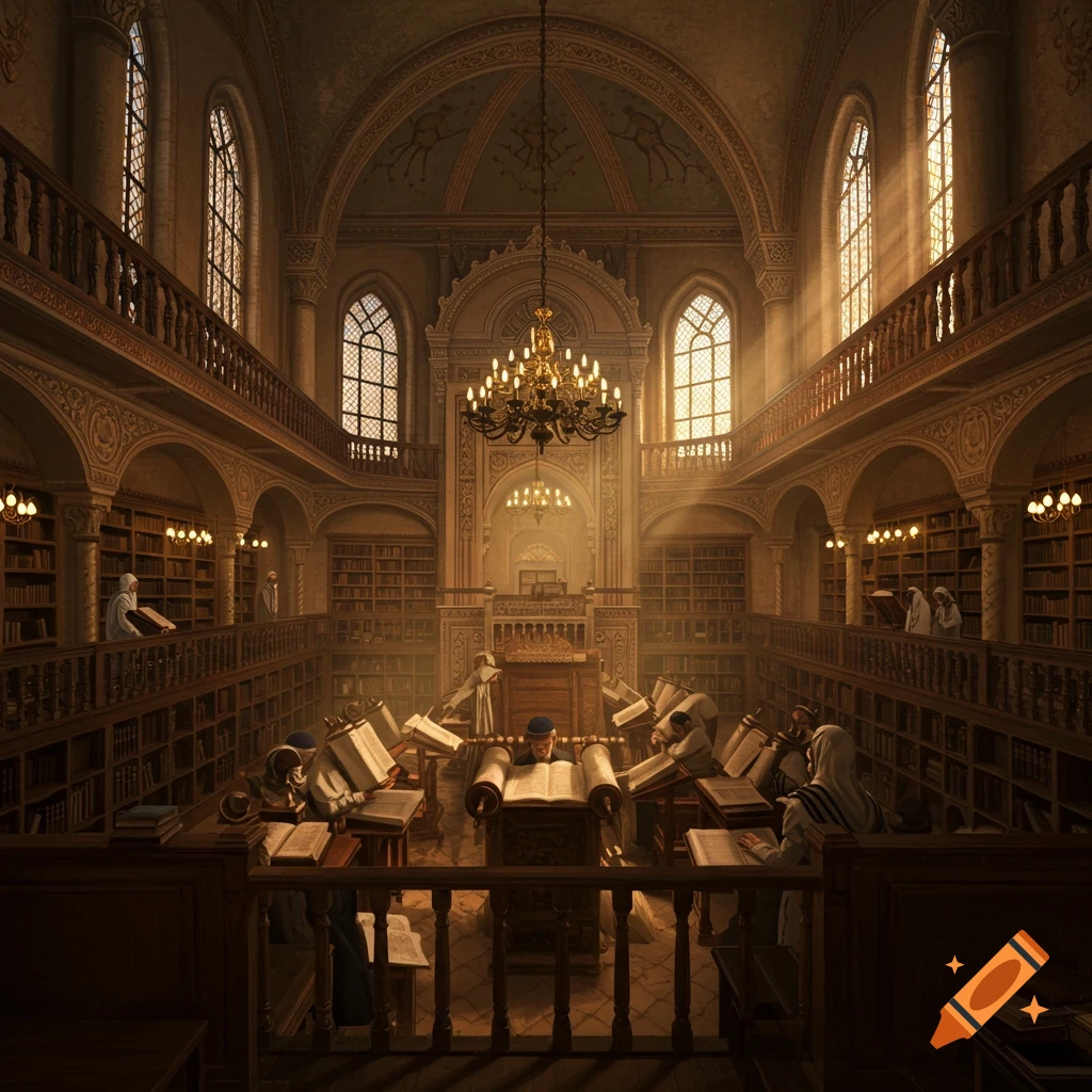 Interior of an ornate old Yeshiva with people studying books and scrolls