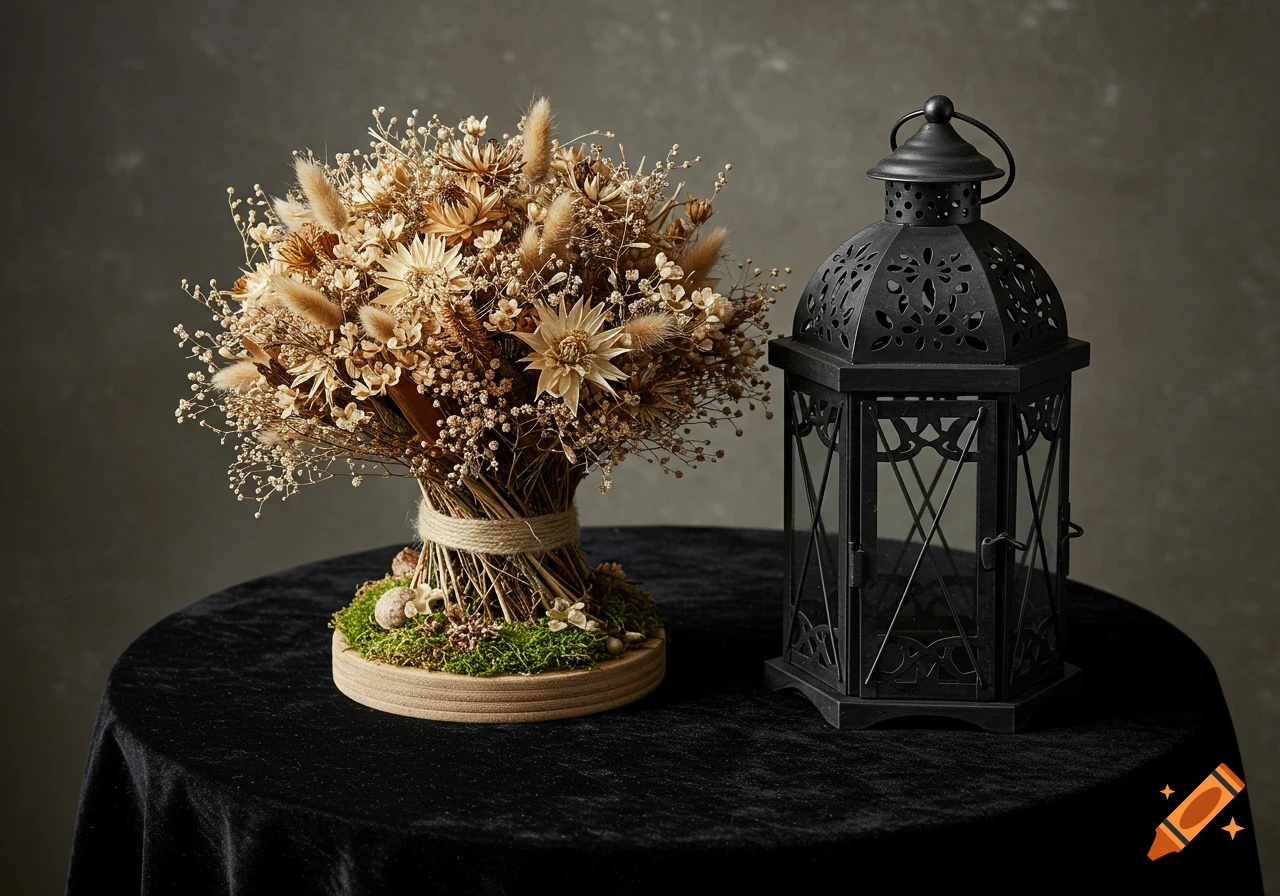 Dried flower bouquet next to a black lantern on a black velvet table cloth, photo.