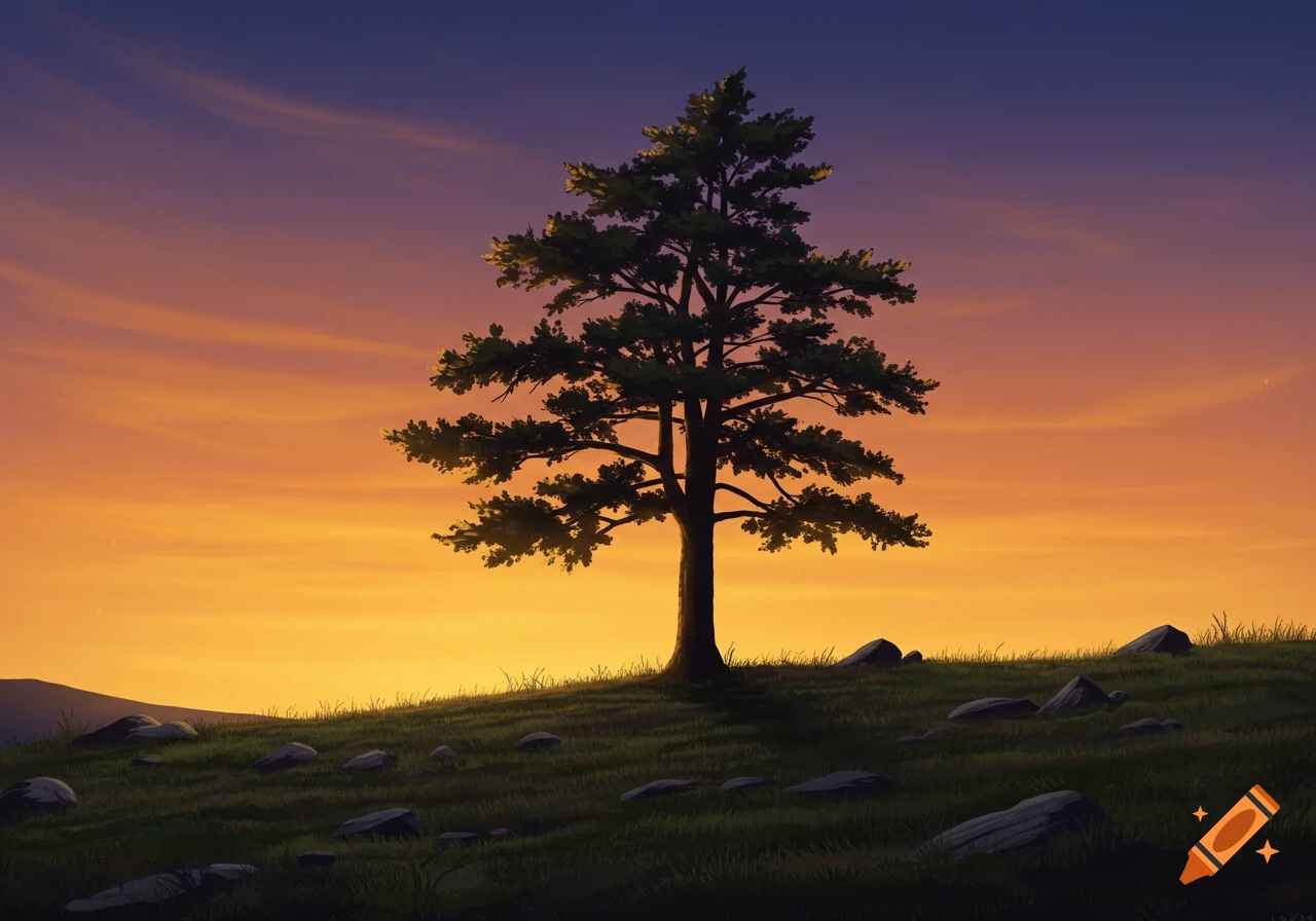 A single tree on a grassy hilltop against a vibrant sunset sky.