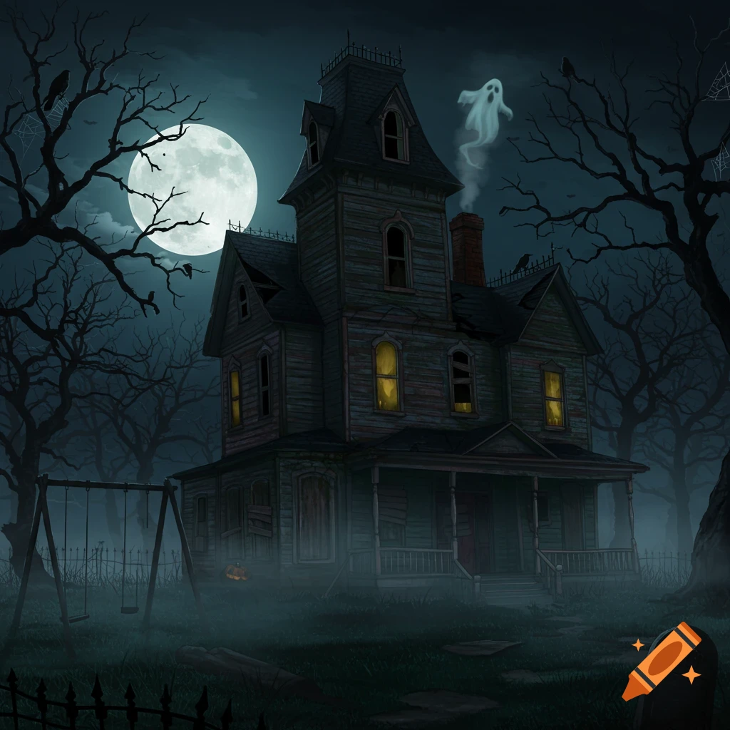 A spooky haunted house at night under a full moon, surrounded by dead trees and fog, with a ghost floating above.