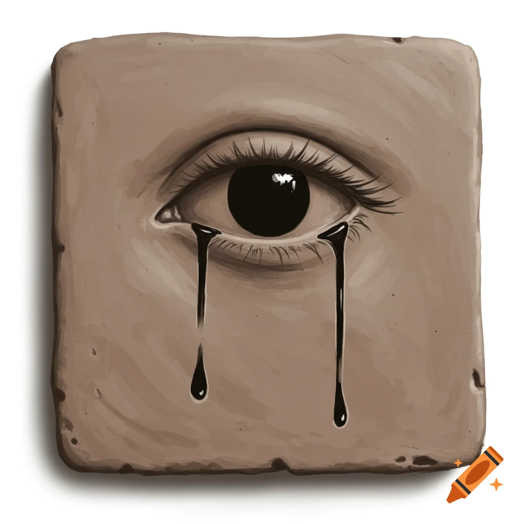 An eye on a textured surface with black tears dripping down.