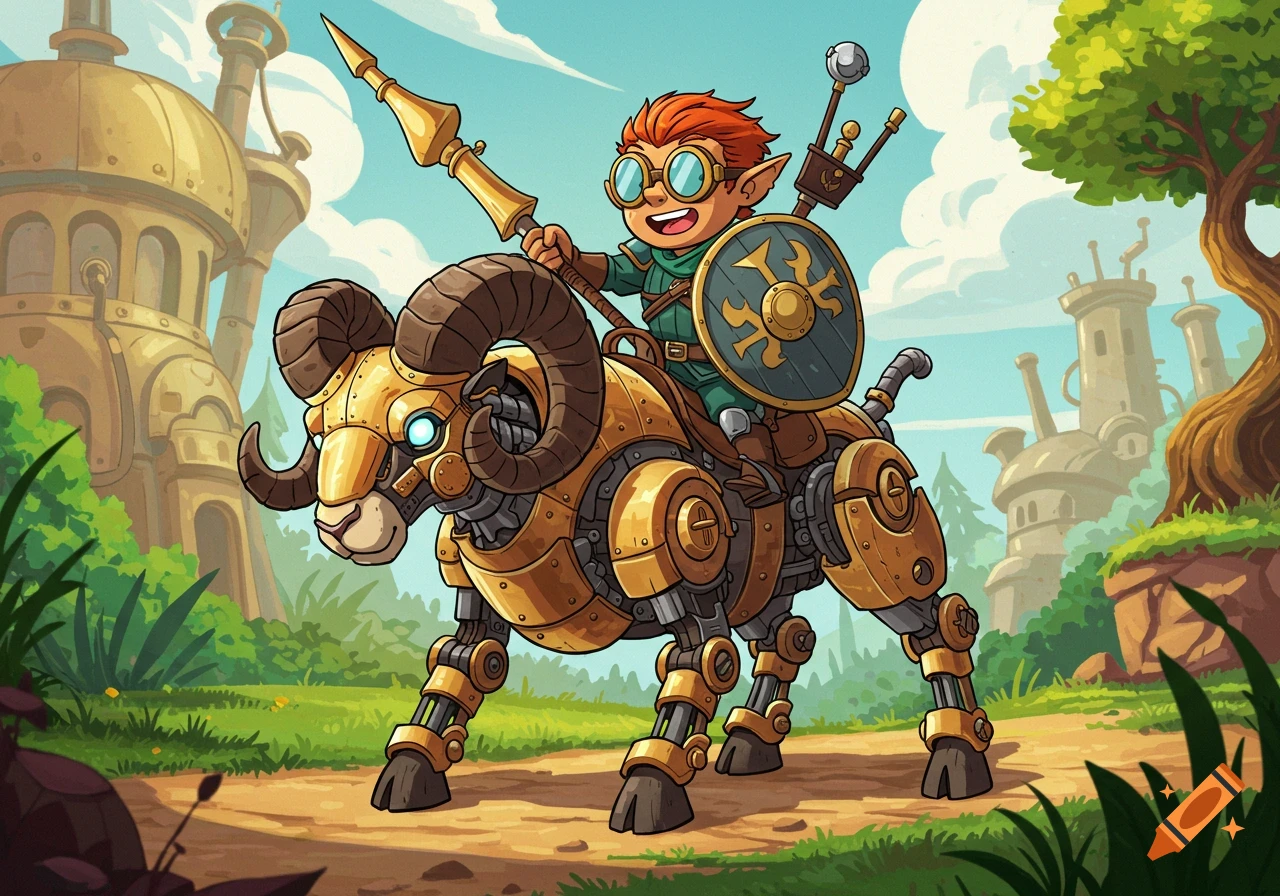 Cartoon character riding a golden mechanical ram with a spear and ...