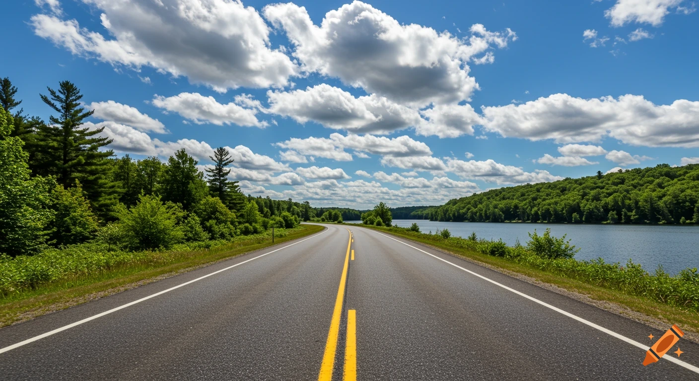 A winding highway road next to a lake, surrounded by trees under a cloudy blue sky.