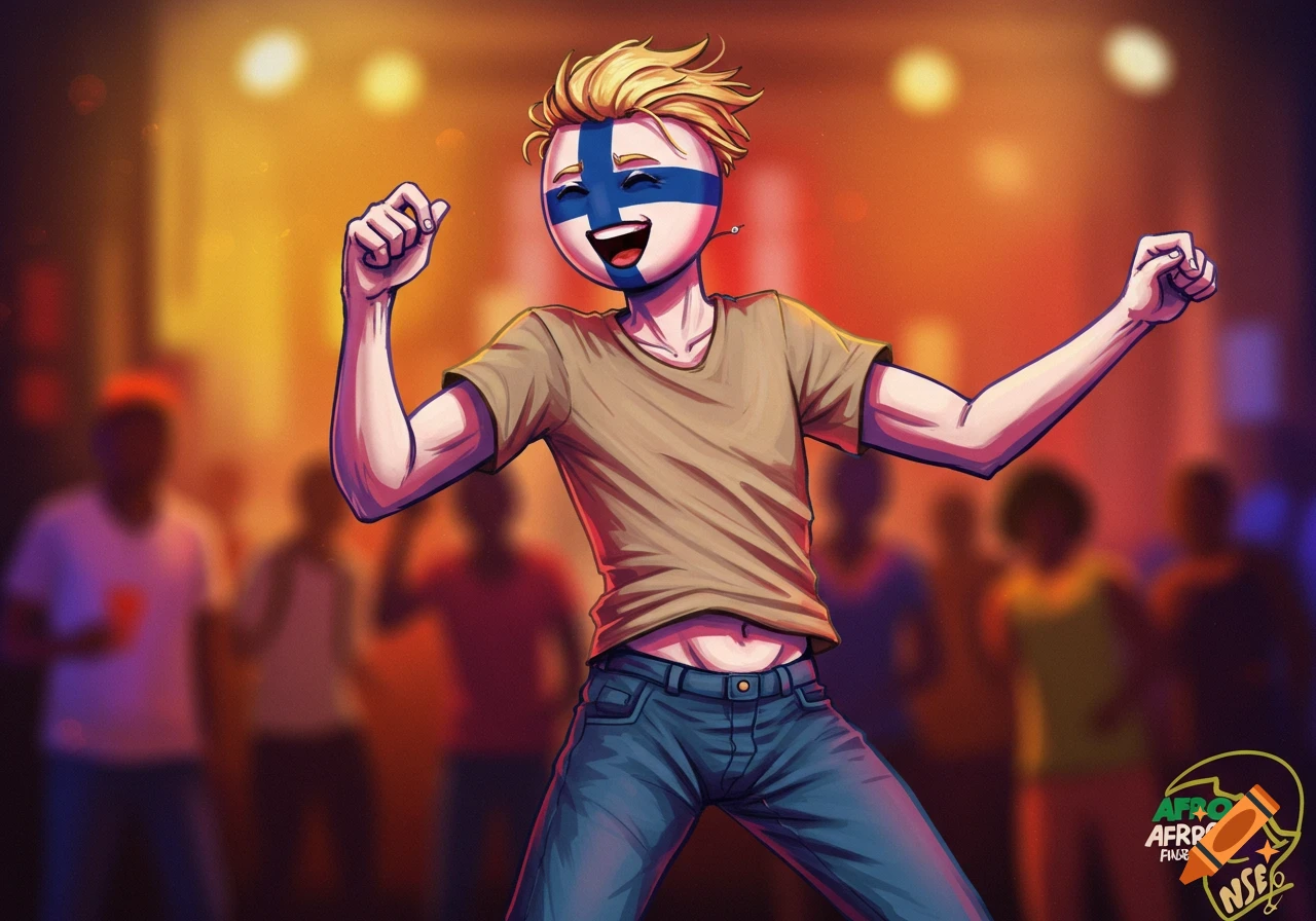 A person with a Finnish flag face dances in a crowd at a party, illustration.