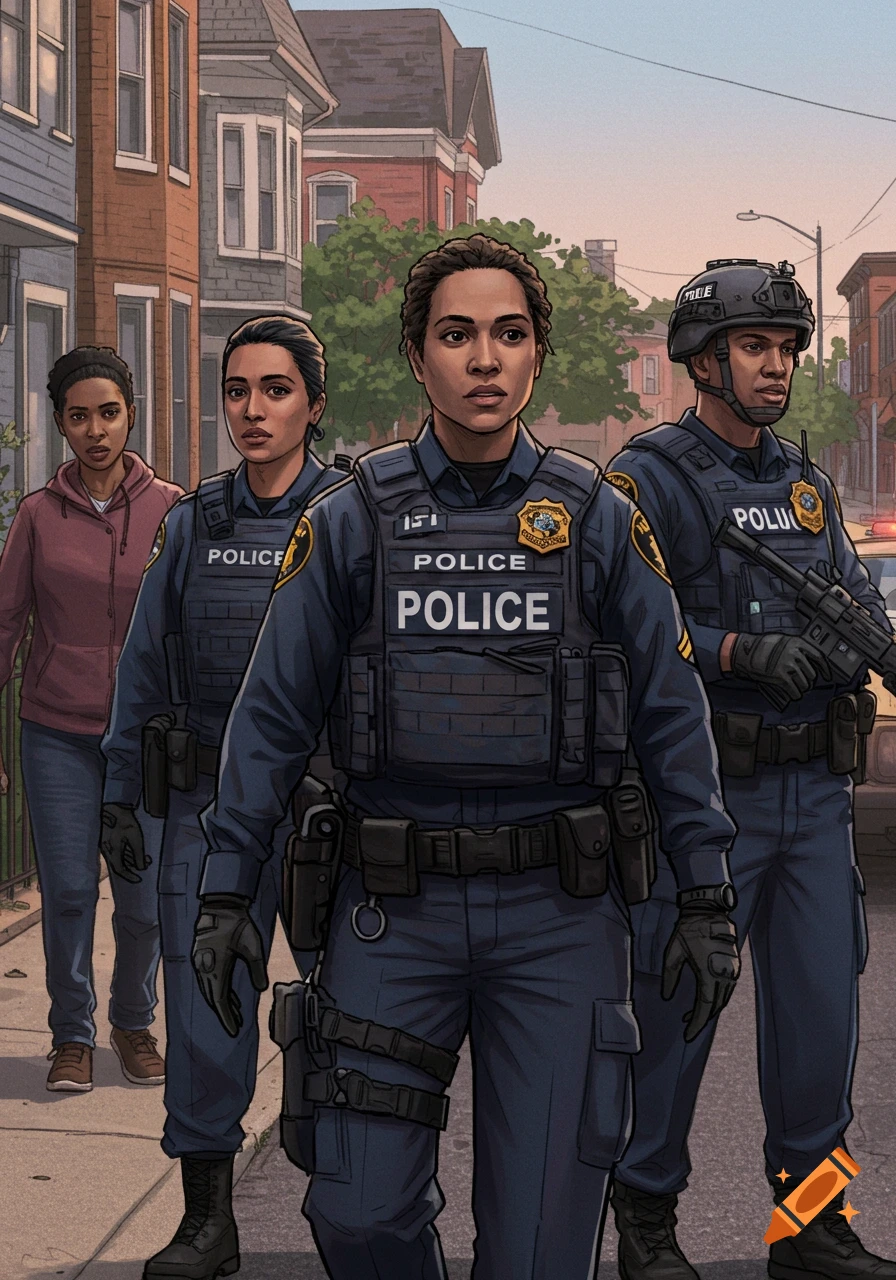 Illustrated scene of three police officers and another person walking down a city street.