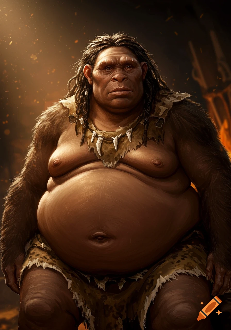 Portrait of an obese prehistoric creature wearing a tribal necklace.