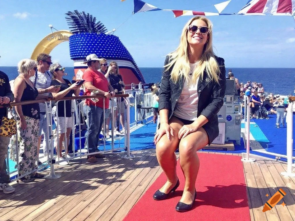 Woman sitting on a red carpet on a cruise ship deck