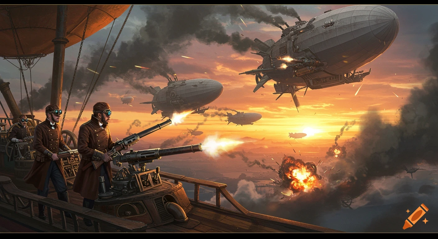 Steampunk airships battle in a dramatic sky at sunset.