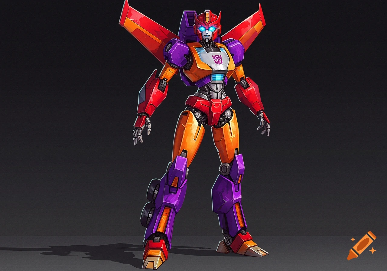 Full body illustration of a female Transformer robot in purple, red, and orange.