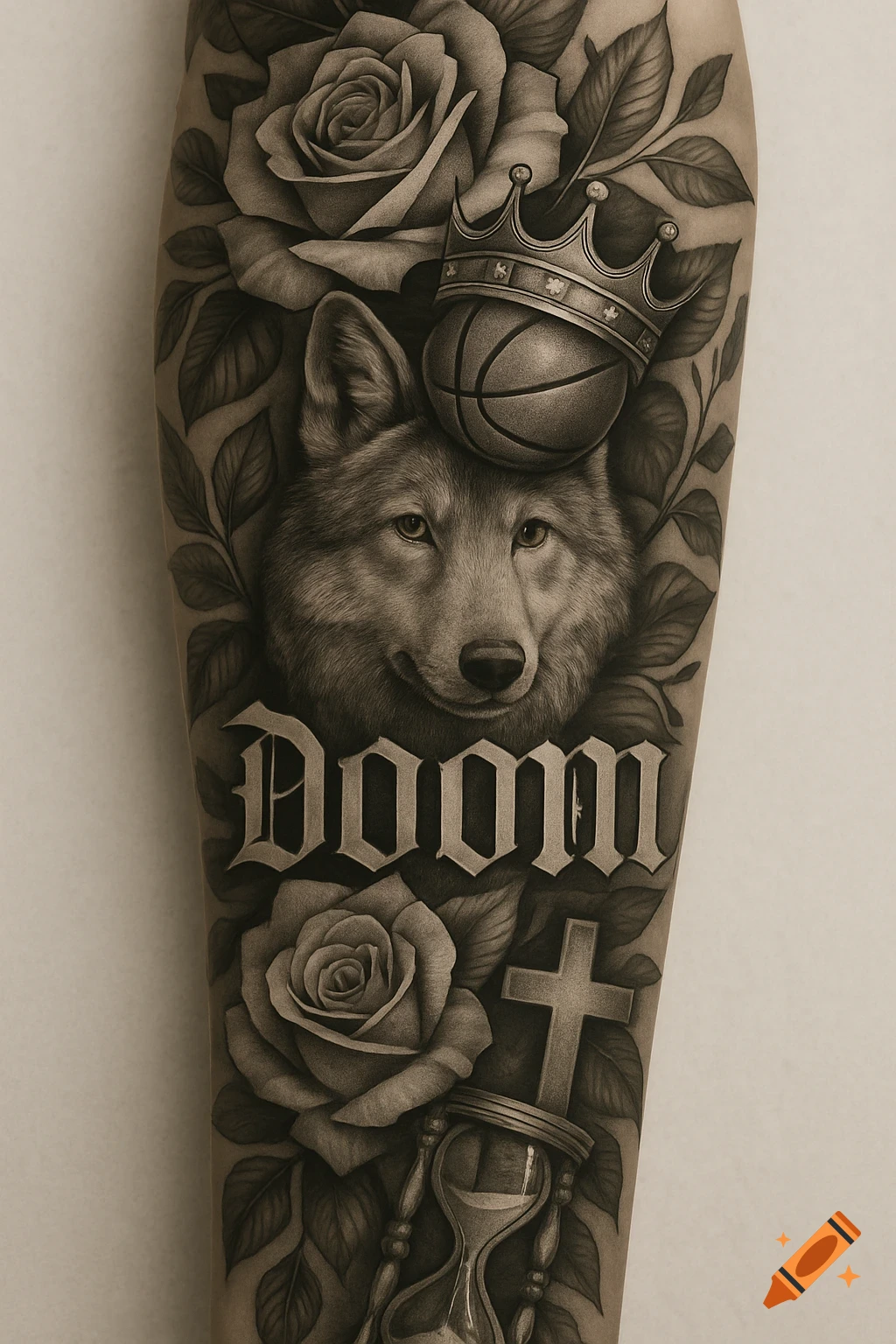 Black and white forearm tattoo featuring a wolf head crowned with a basketball, surrounded by roses, leaves, a cross, an hourglass, and the text 'DOOM' in gothic font.