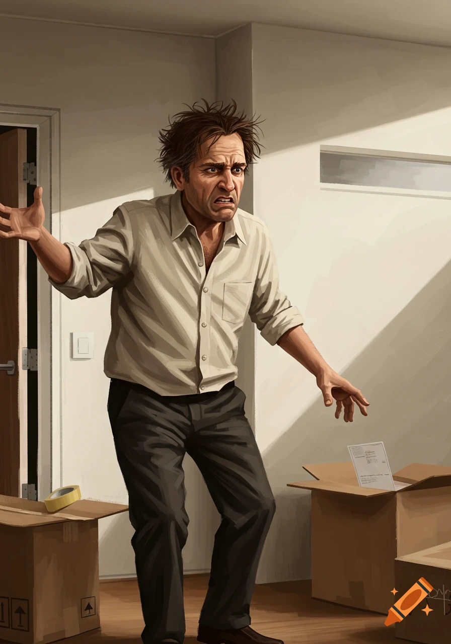 Illustration of a frazzled man standing among moving boxes