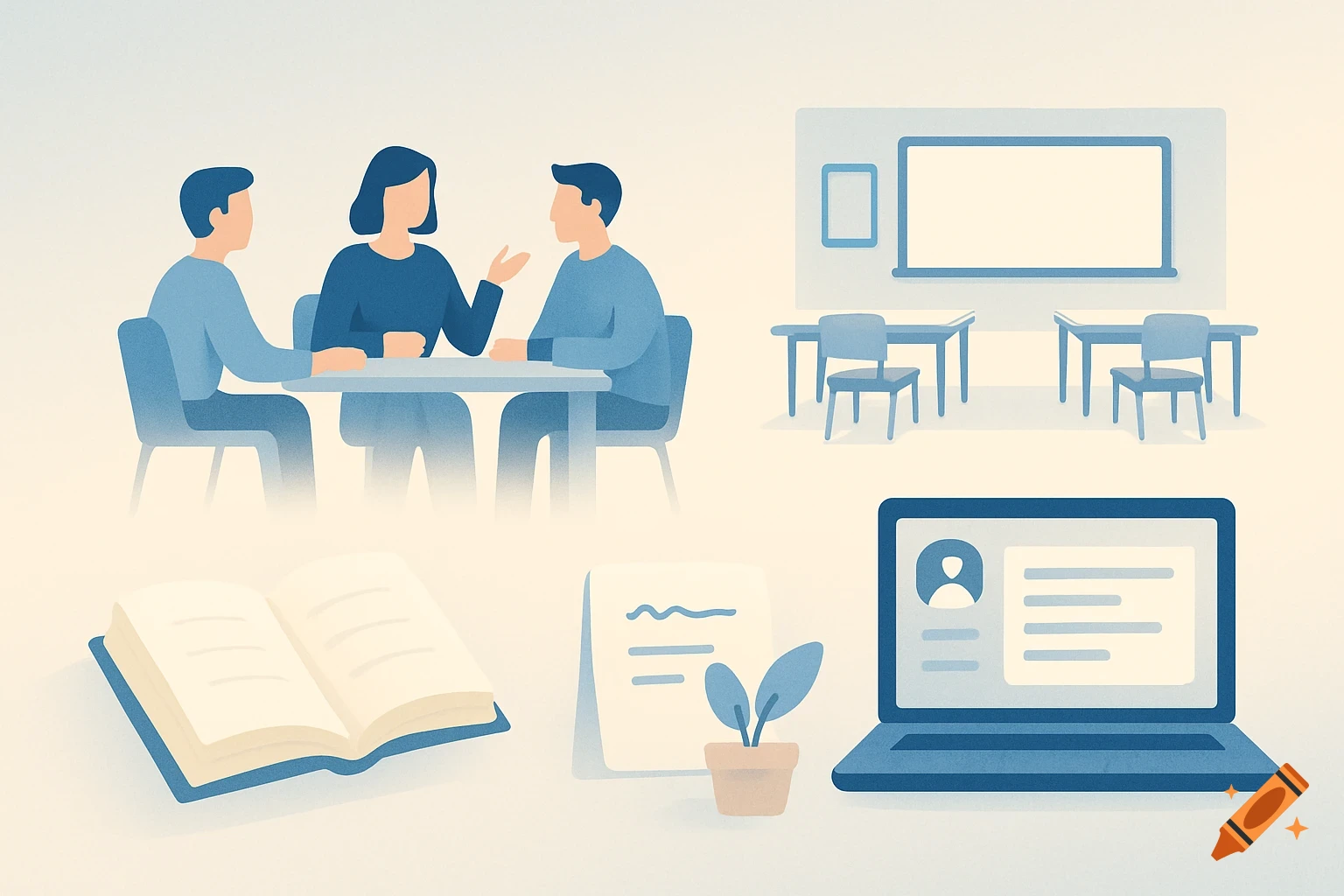 Minimalist illustration of people discussing, classroom elements, books, notes, and a laptop.