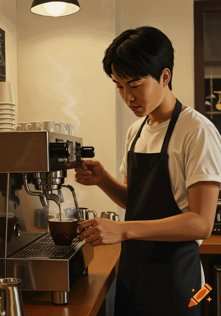 An illustration of a barista making coffee with an espresso machine.