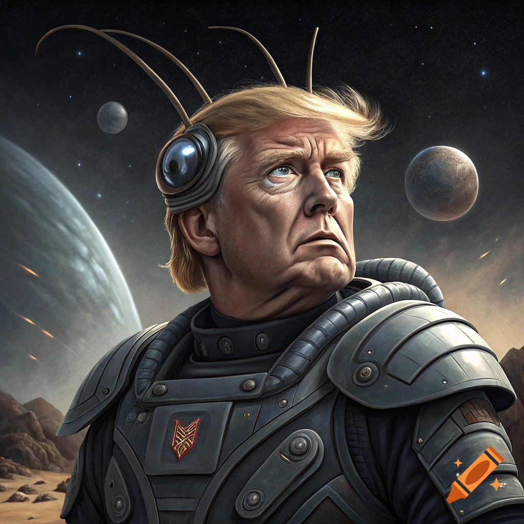 Portrait of Donald Trump as an alien in sci-fi armor against a space background with planets.