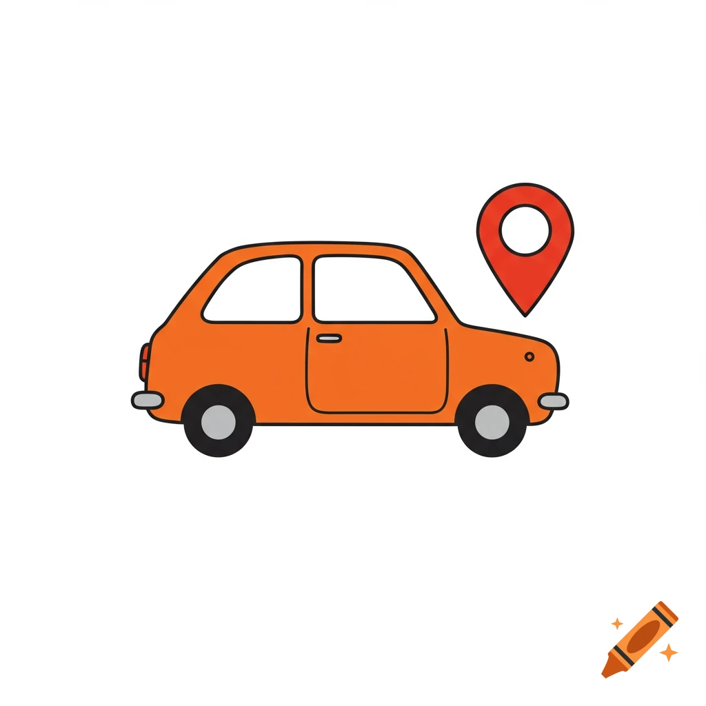 Clipart of an orange car next to a location pin.