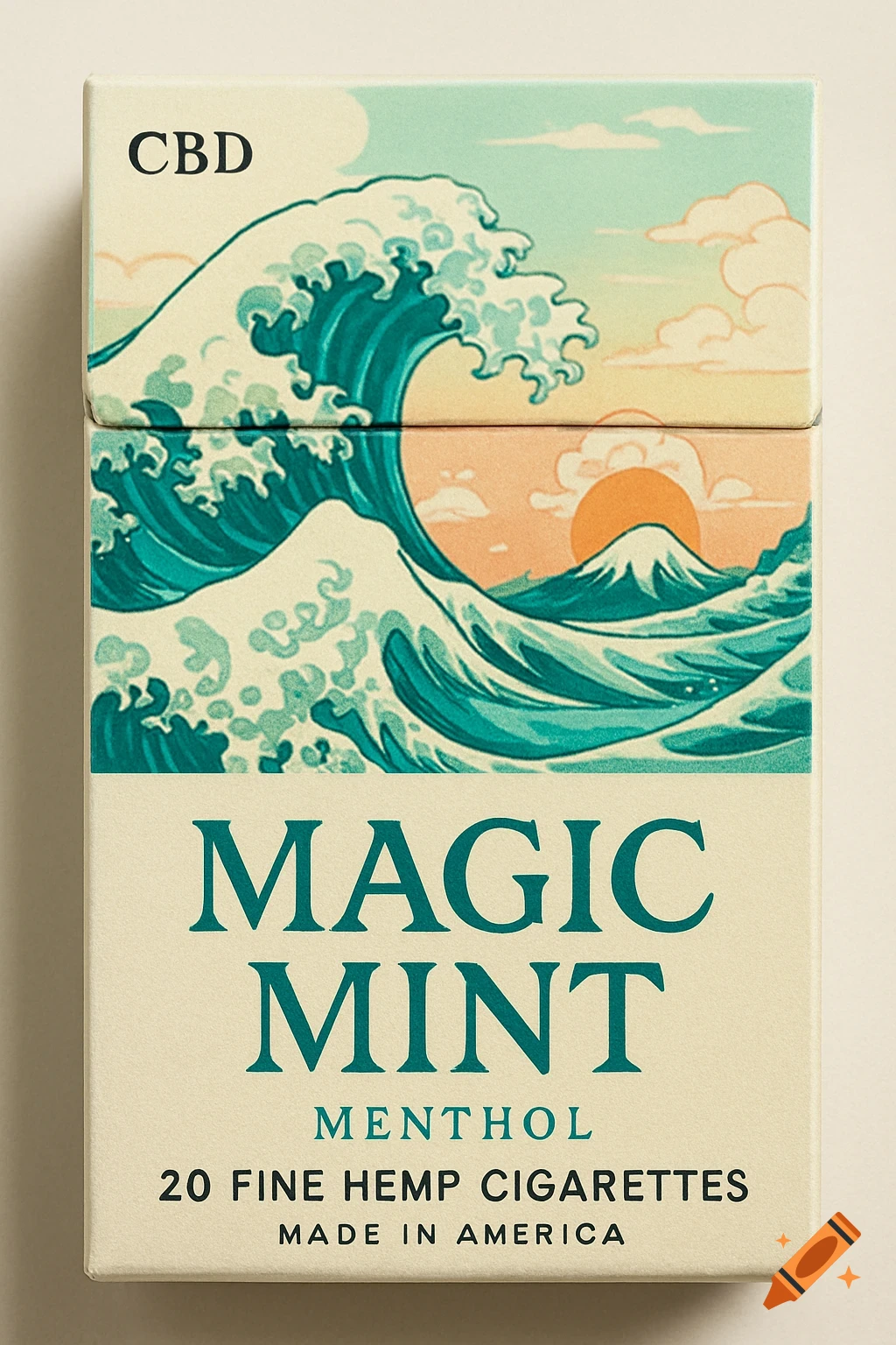 A cigarette pack with Japanese Great Wave art and text.