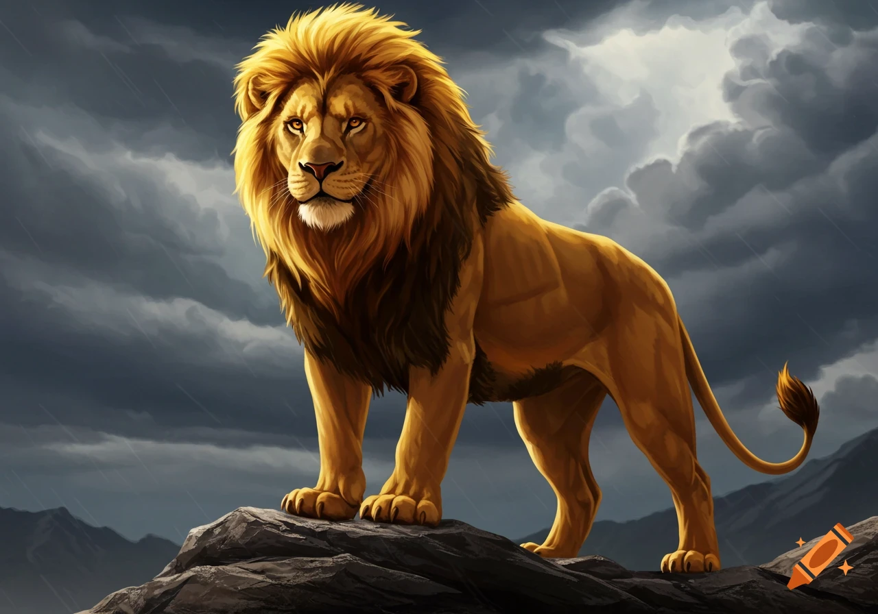 A proud, muscular lion stands on a rock under a dark, stormy sky with rain falling.