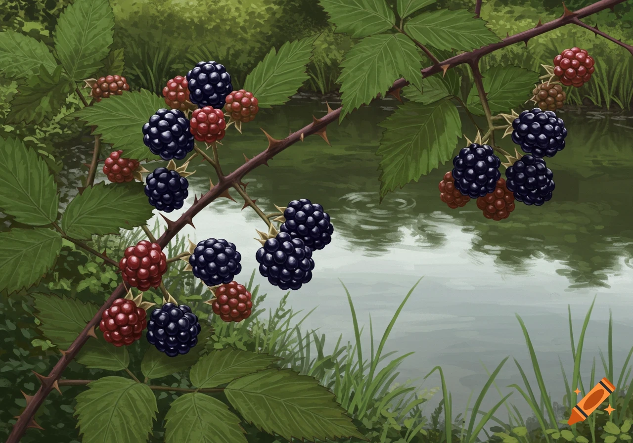 Blackberry branches with ripe and unripe berries hanging over a pond.
