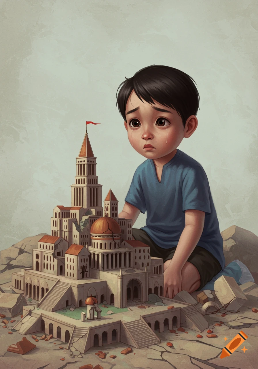A sad child cries next to a destroyed miniature city. Illustration style.