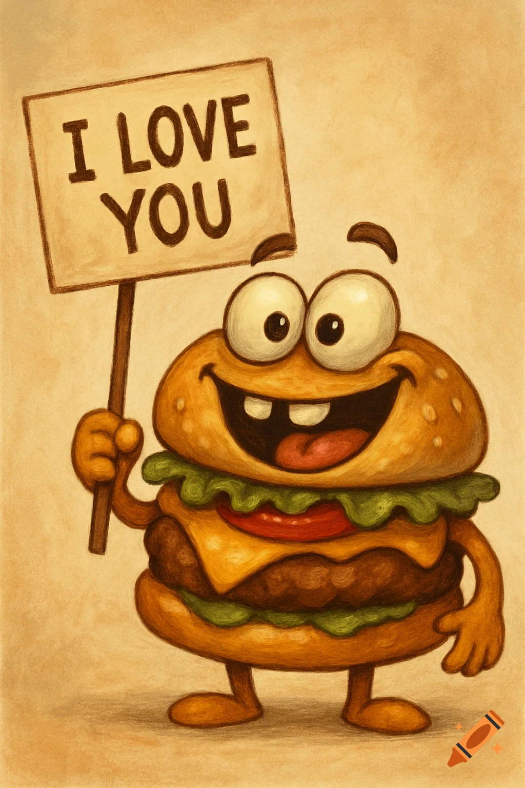 Funny cartoon burger character holds a sign that says 'I LOVE YOU'.