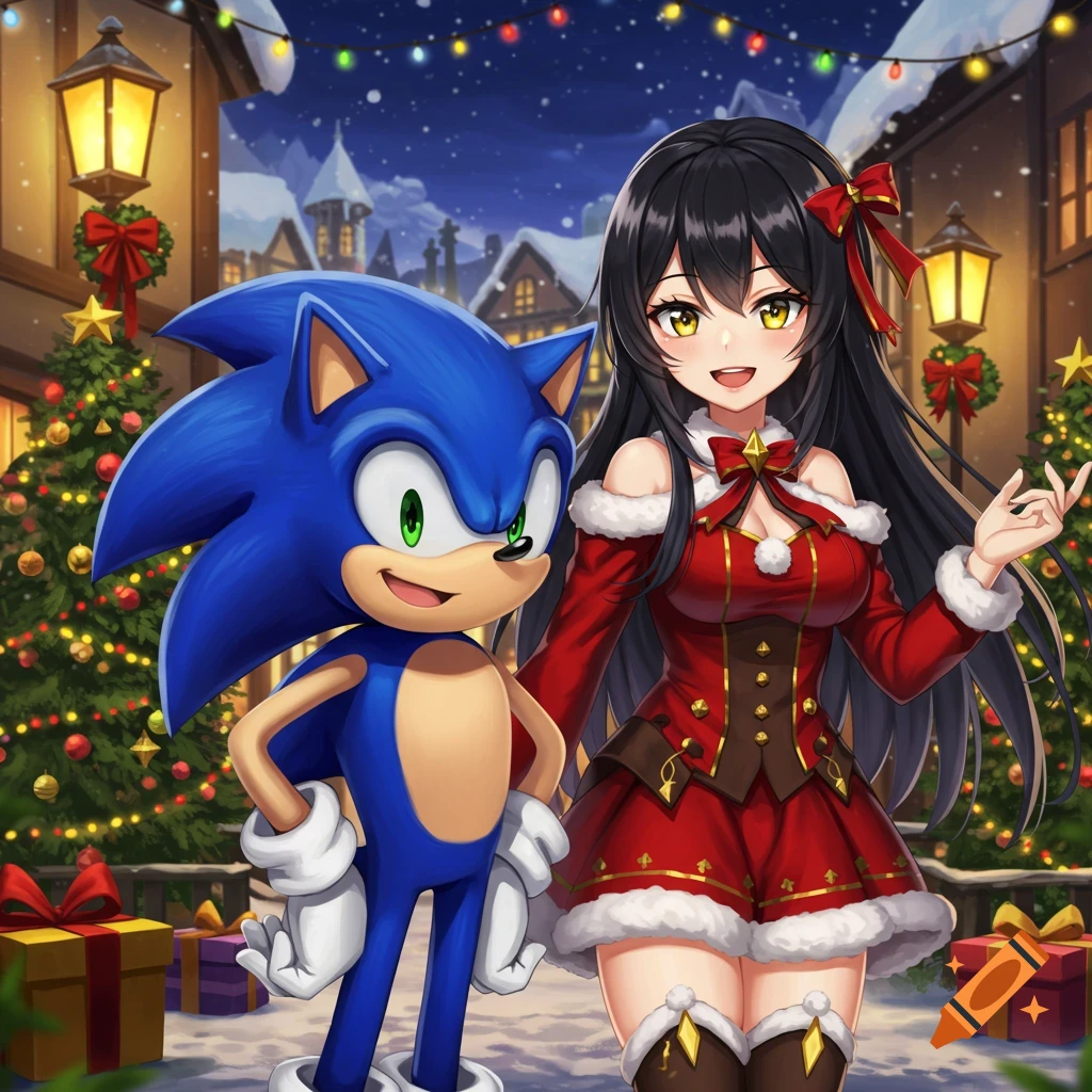 Sonic and an anime girl in Christmas outfits stand in a snowy village.