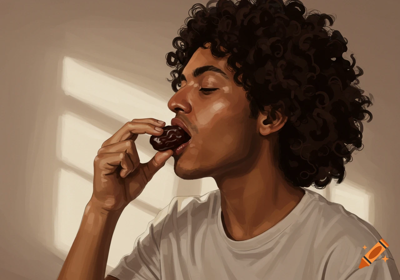Digital painting of a person with curly hair eating a date.