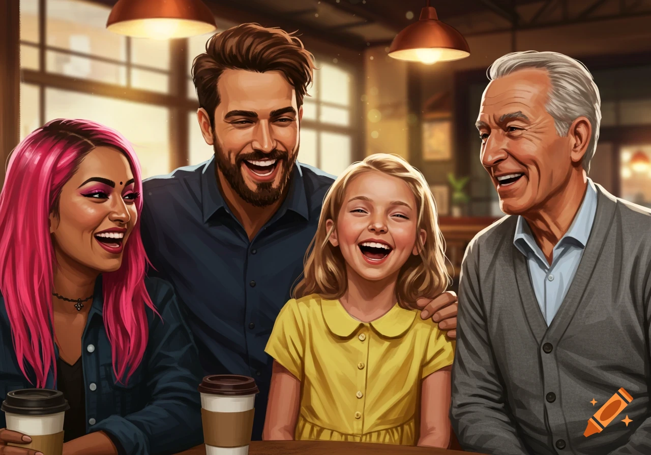 Illustration of a diverse group of people laughing in a cafe.