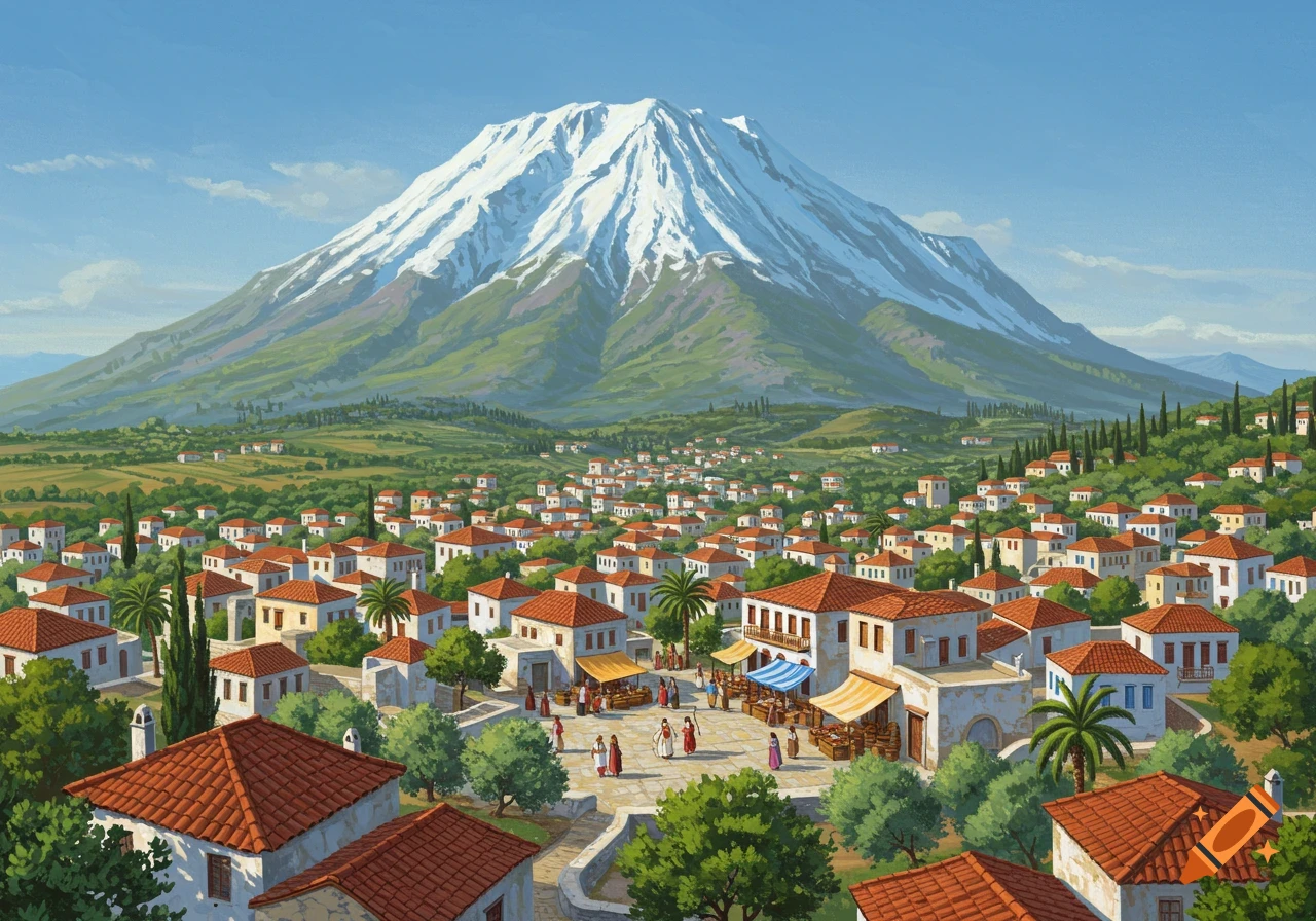 Painting of a village with white houses and red roofs in a valley below a large, snow-capped mountain.