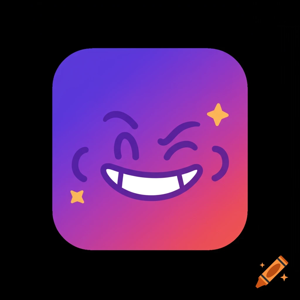 Cartoon face icon on a gradient background, smiling and winking.