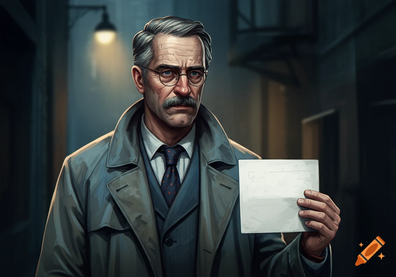 Illustration of a detective in a trench coat holding a notepad in a dark alley.
