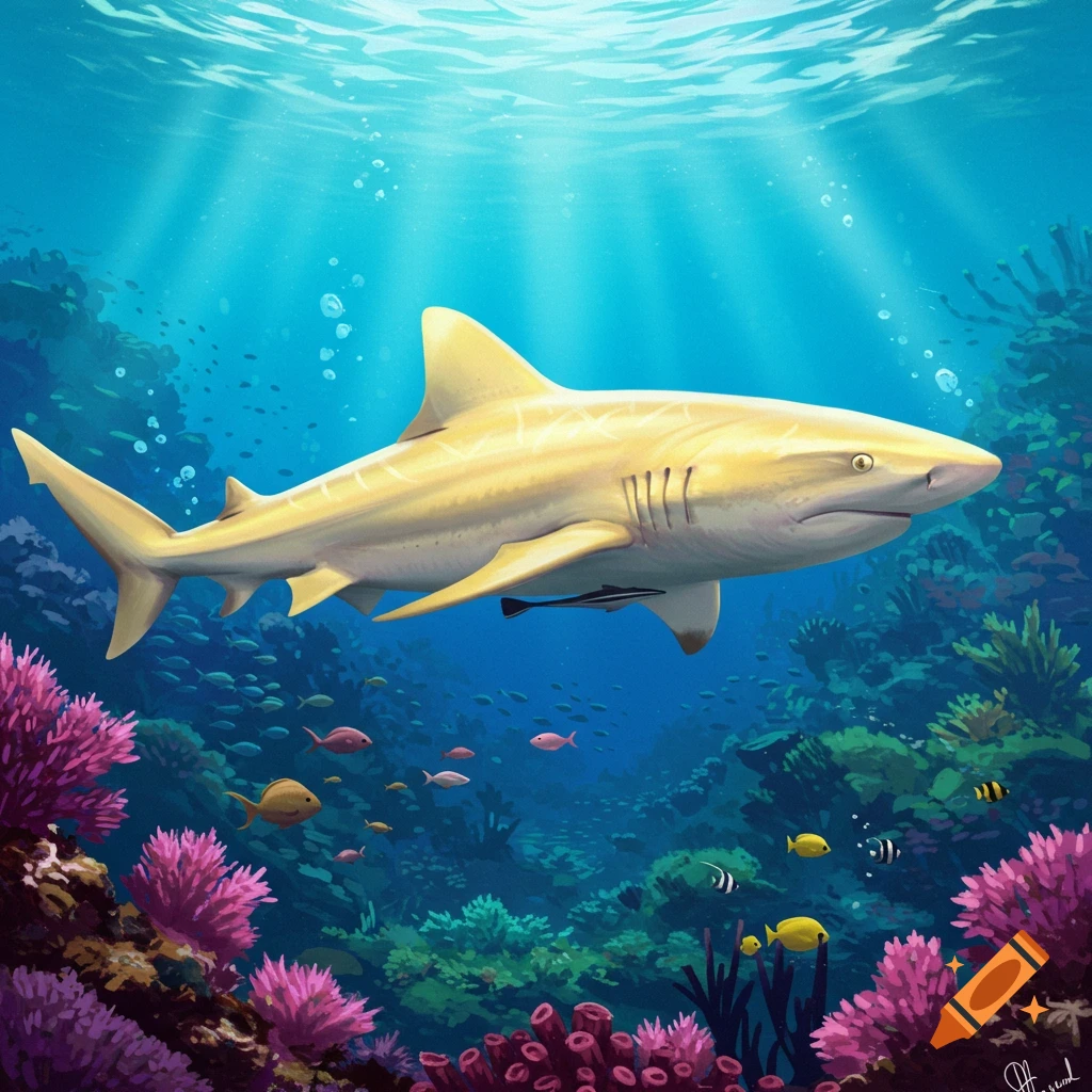 A yellow lemon shark swims in a colorful coral reef with small fish.
