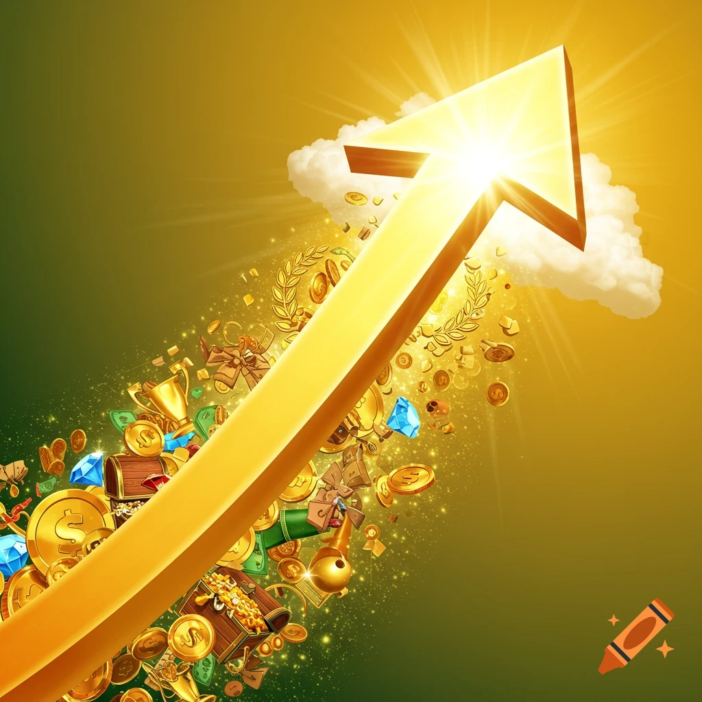 A golden arrow pointing upwards, surrounded by money, treasure, and symbols of success.