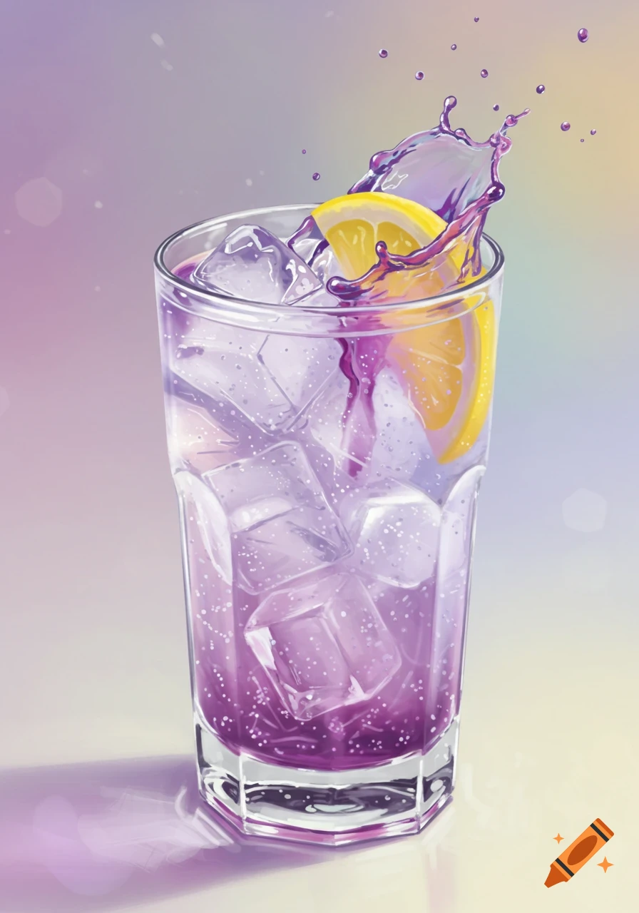Illustration of a glass with purple drink, ice, lemon slice, and splash.