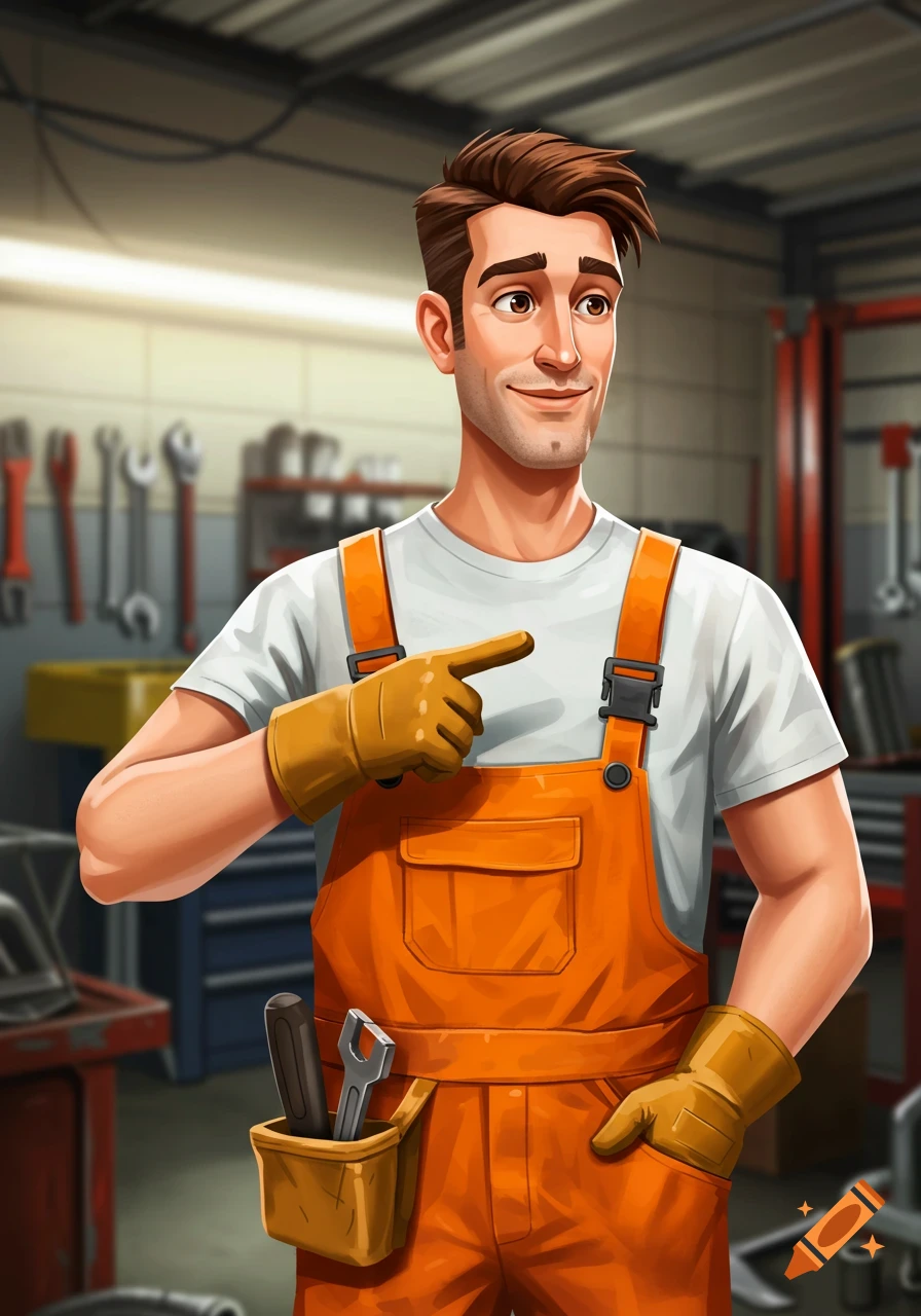 Cartoon illustration of a handyman in orange overalls pointing to the side in a garage.