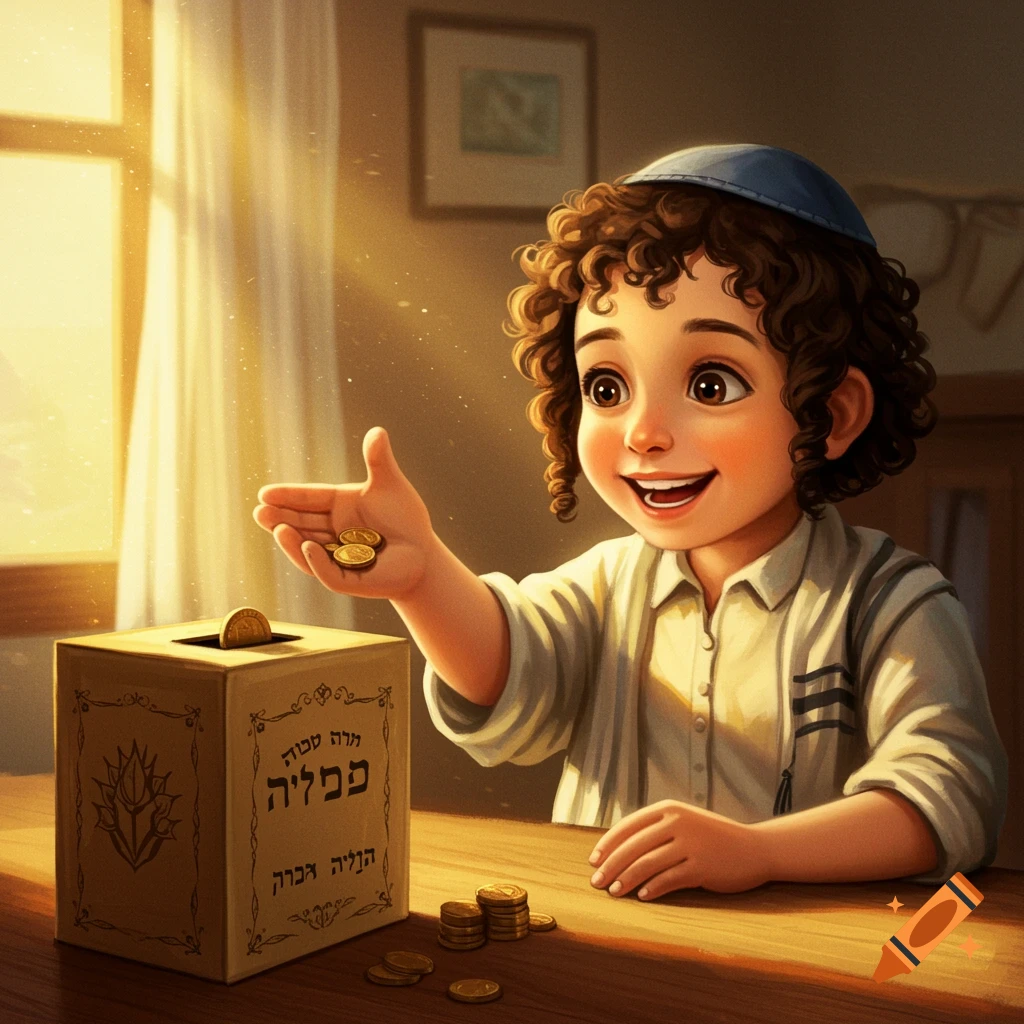 A smiling Jewish child puts coins into a charity box on a sunny table.