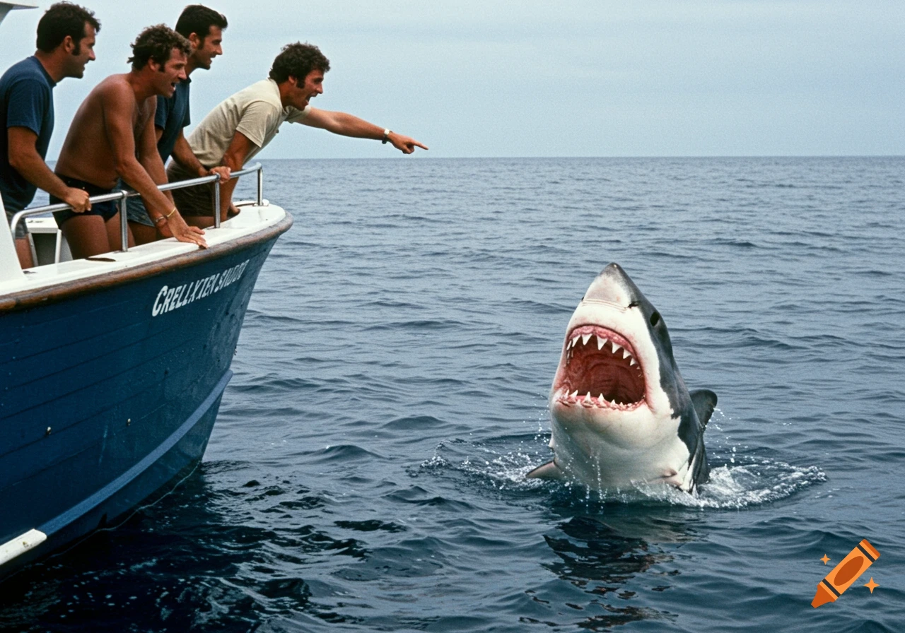 Men on a boat pointing and reacting to a large shark in the ocean.