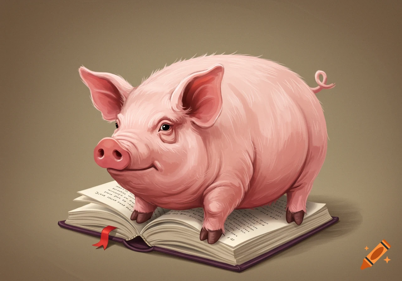 Illustration of a pink pig standing on an open book.