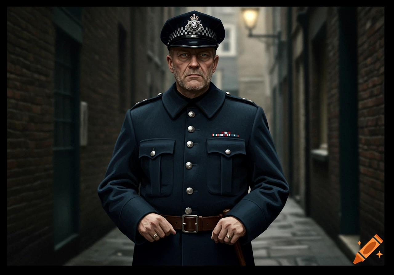 A serious-looking policeman in a dark uniform stands in a narrow street.